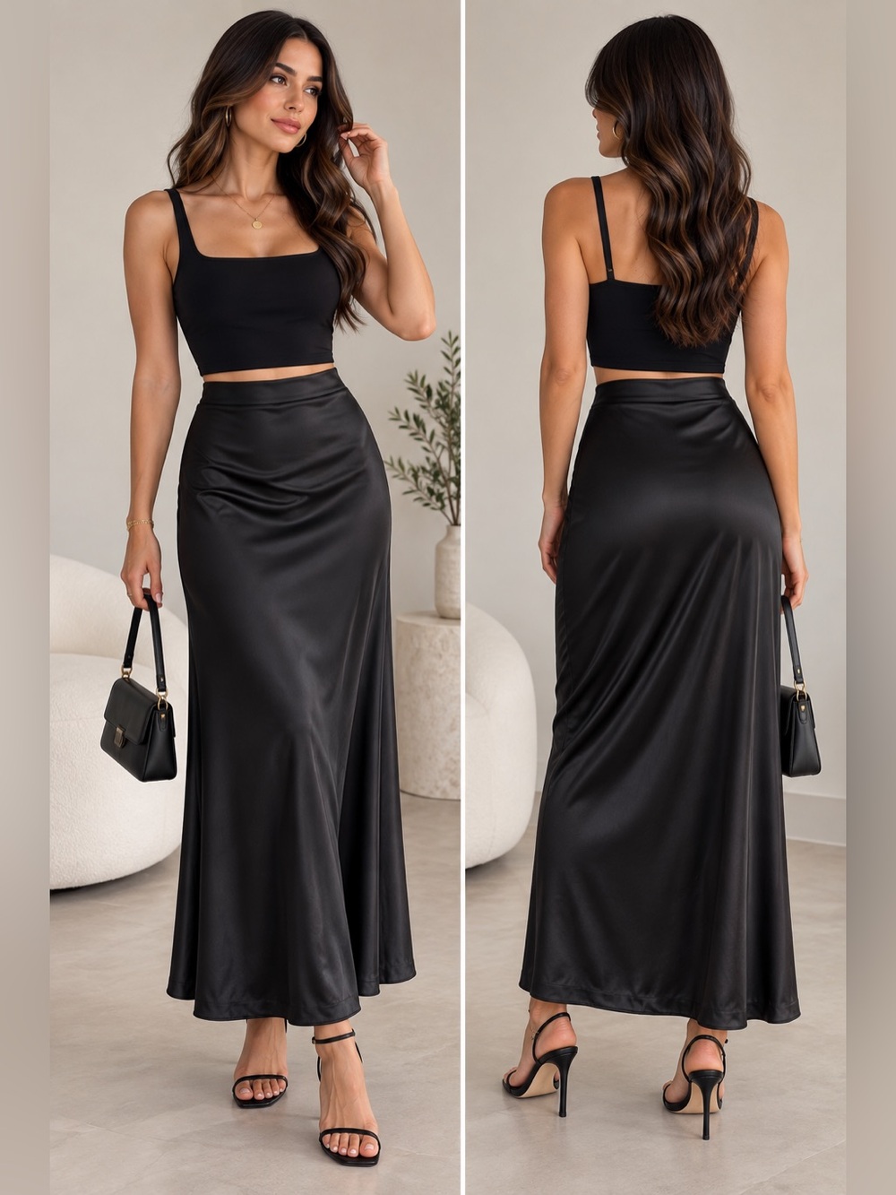 Balticborn Black Satin Midi Skirt Size S Elegant